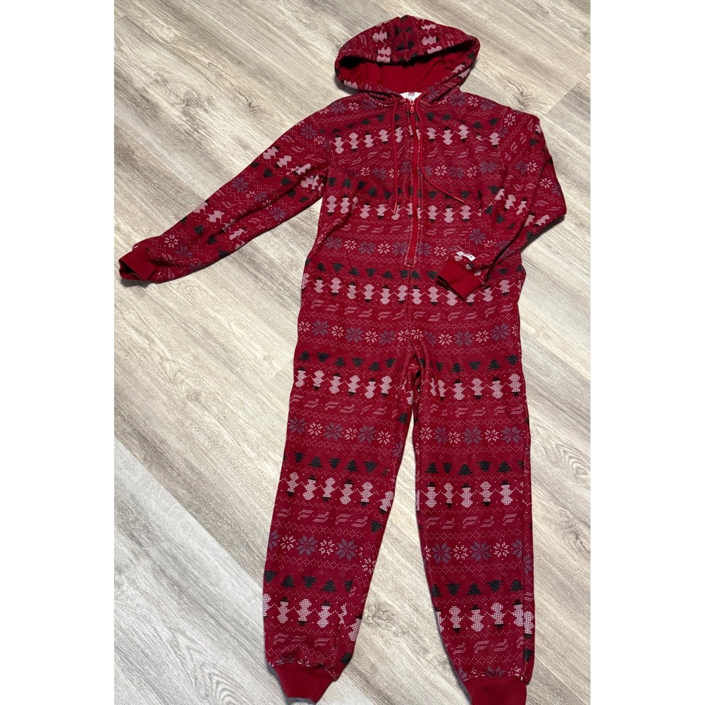 Fabletics Red Christmas Tree Snowman Fair Isle Hooded Pajamas Jumpsuit XXS